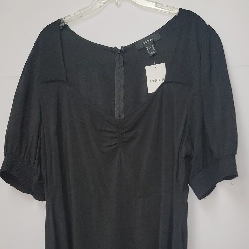 FOREVER 21 Square Neck Puff Sleeve Midi 3X Romantic Milkmaid Soft Black Dress‎